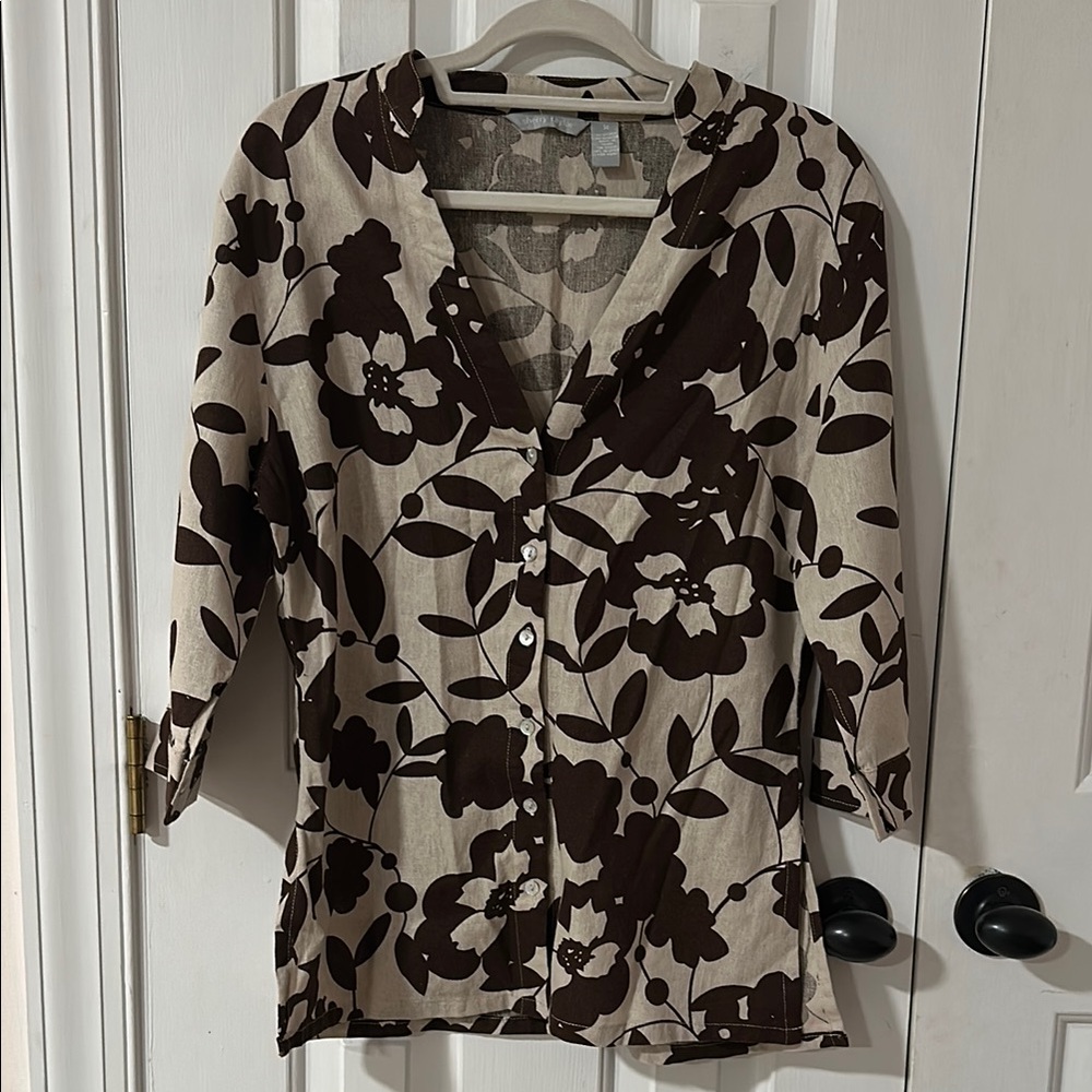 100% Linen Sherry Taylor Floral Brown and Tan Top Size Medium